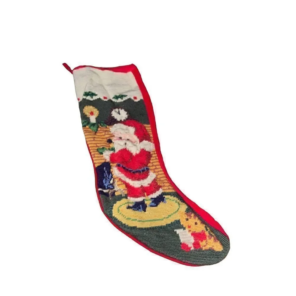 Vintage 1991 Embroidered Christmas Stocking Santa Claus and Elf by Chimney 19”